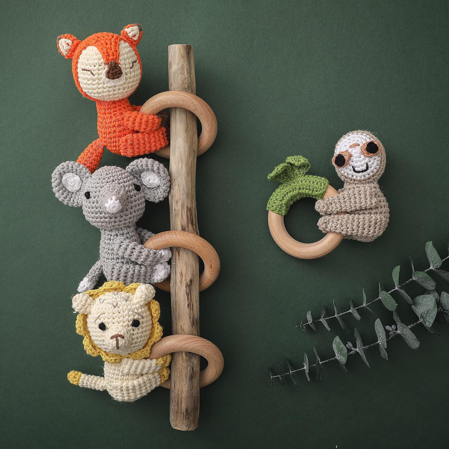Wooden Teether Crochet Baby Rattle - Gray Elephant